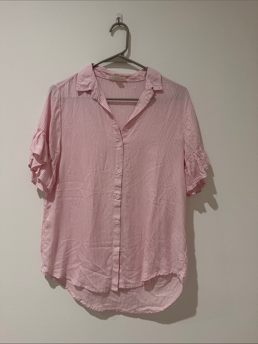 beachlunchlounge Pink Striped Button-Down Ruffle Sleeve Top